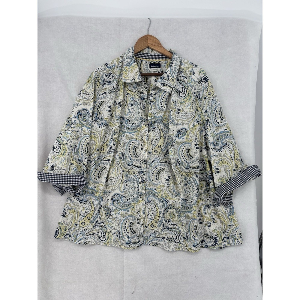 Basic Editions Women 4X Navy Blue Floral Button Up Blouse Stretch 3/4 Sleeve
